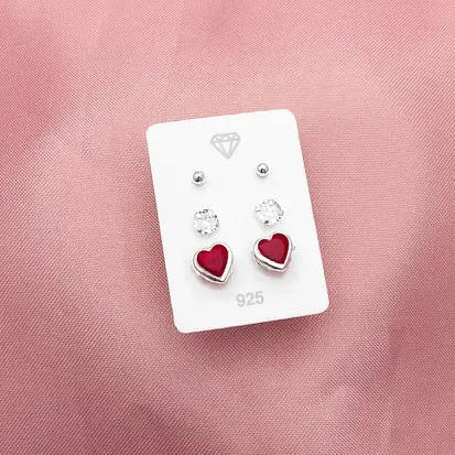 TRIO CORAÇÃO VERMELHO ZIRCONIA E BOLINHA