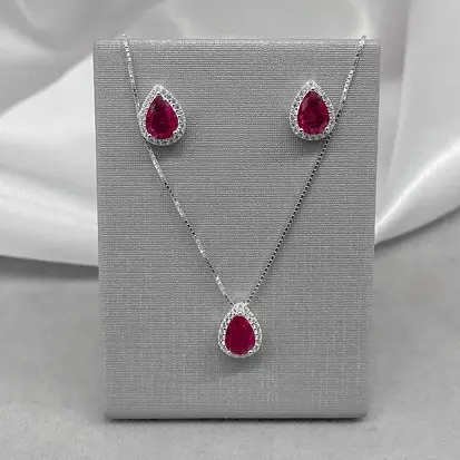 CONJUNTO GOTA ZIRCÔNIA ROSA DETALHE CRAV