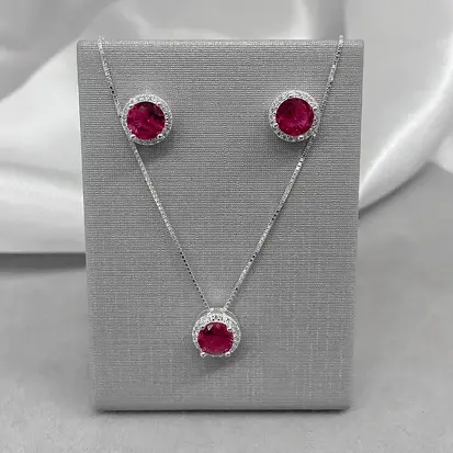 CONJUNTO REDONDO ZIRCÔNIA ROSA DETALHE CRAV