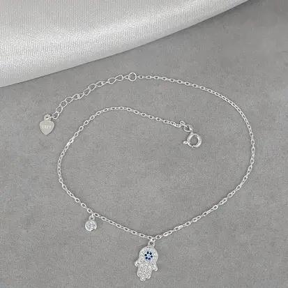 TORNOZELEIRA MÃO DE FATIMA CRAVEJADO DETALHE AZUL